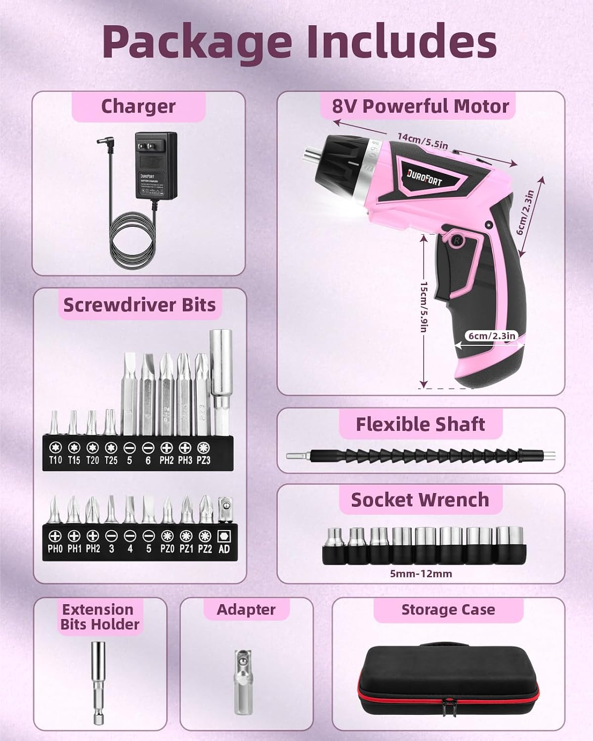 Cordless Electric Screwdriver Set, 8V 10Nm Rechargeable Power Electric Drill, Battery Screw Gun with Driver Bit, 320RPM/10+1 Torque, 2 Position Handle, Flexible Shaft LED Light (Pink, 39Pcs)