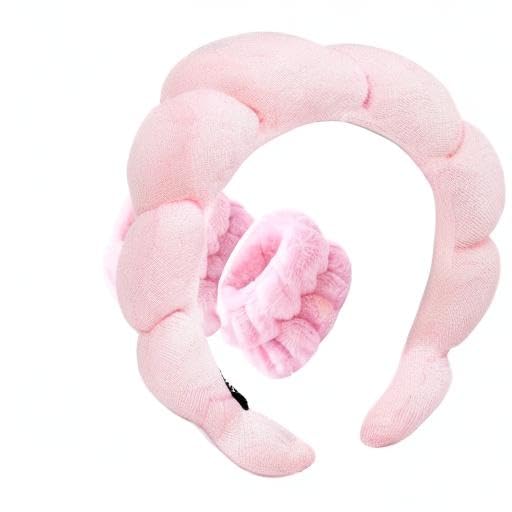 Spa Headband for Washing Face Wristband Sponge Makeup Skincare Headband Terry Cloth Bubble Soft Get Ready Hairband for Women Girl Puffy Padded Headwear Non Slip Thick Hair Accessory(Pink)
