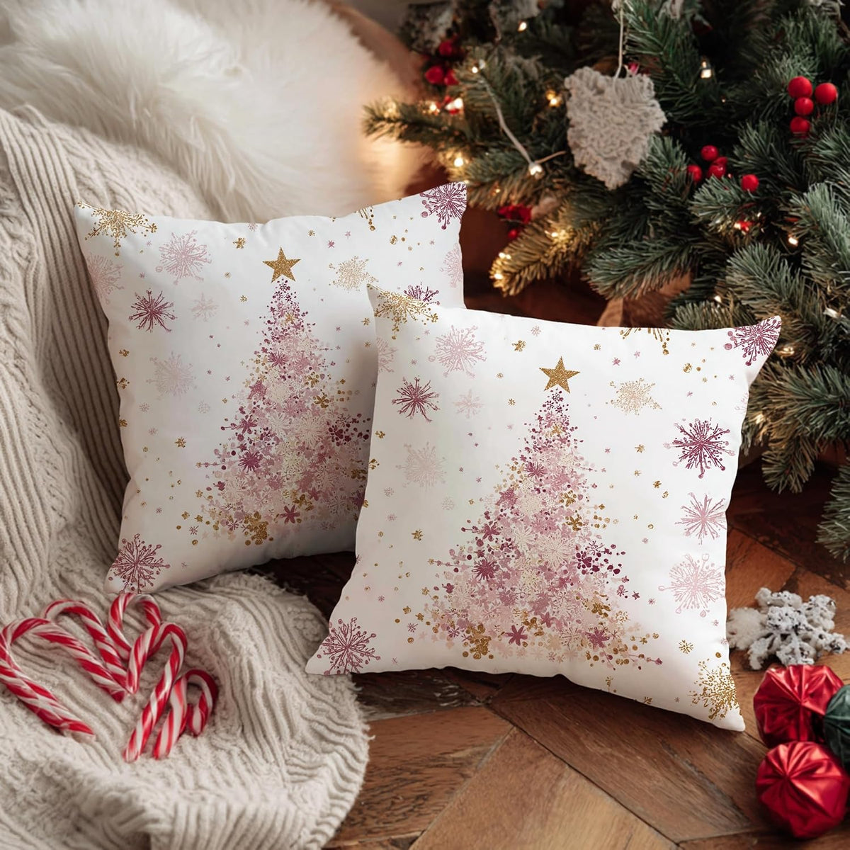 Christmas Tree Throw Pillow Covers, Festive Fanciful Stars Snowflakes Xmas Peach Soft Velvet Washable Cover Decorative Pillows for Living Room Apartment Bed Sofa Decor 12x12 Inch