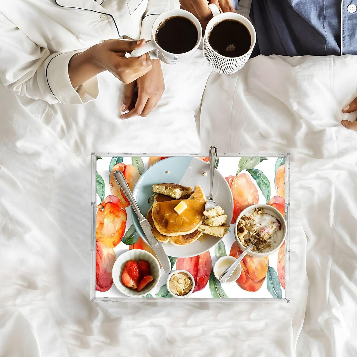Peach Acrylic Serving Tray with Handles 15.7 x 11.8 Inch, Clear Reusable Decorative Tray, Multi-Purpose Spill Proof Table Tray for Party, Coffee, Bathroom, Kitchen, Office