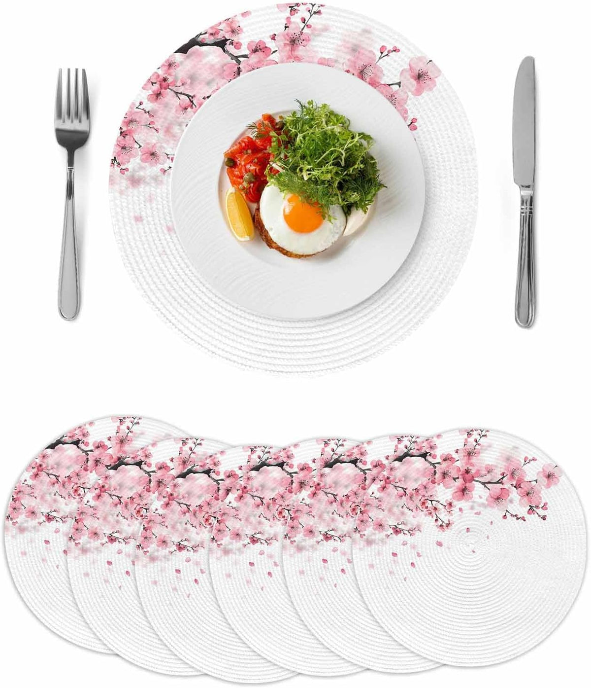 Round Placemats for Dining Table Set of 6 Pink Floral Place Mats Circle Woven Placemat Cherry Blossom Sakura Flower Tree Branch Circle BraidedTable Mat for Kitchen Home Dinner Party Decor 15 Inch