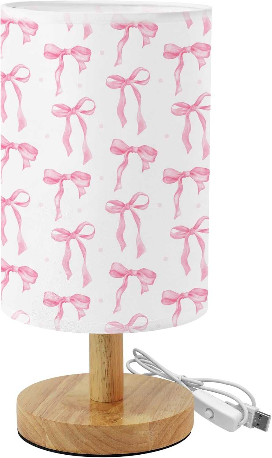 Pink Bow Kids Bedside Table Lamp for Bedroom with USB Port (Pink)