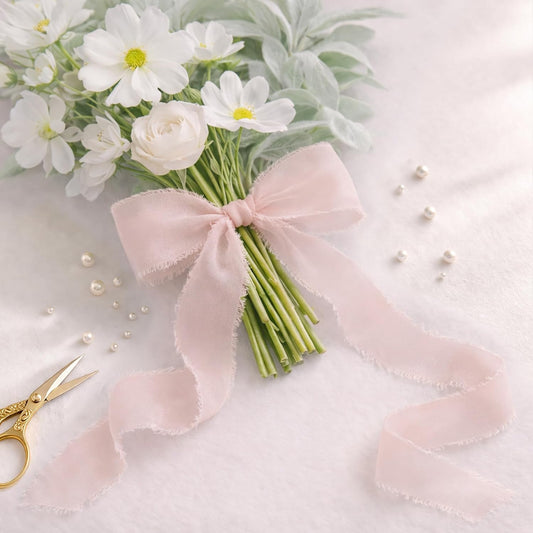 Pink Chiffon Ribbon for Flower Bouquet, 1.5" x21Yd Fabric Ribbon for Gift Wrapping, Handmade Frayed Ribbon for Wedding Christmas Decorations
