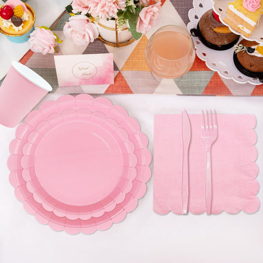 144PCS Light Pink Plates and Napkins, Pink Birthday Party Supplies Scalloped Paper Plates Napkins Cups Tableware Set Light Pink Disposable Dinnerware for Wedding Bridal Baby Shower Decoration Serve 24