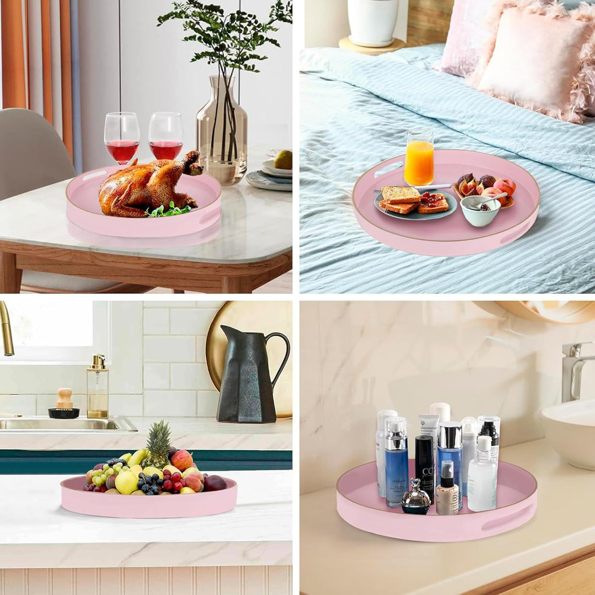 Pink Serving Tray with Handles,Round Coffee Table Tray Ottoman Tray