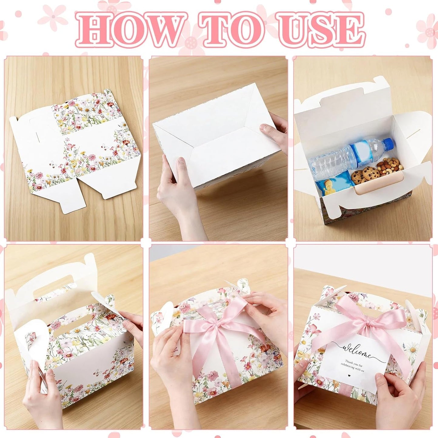 Jaloro 24 Sets Wildflower Wedding Welcome Box with Ribbon and Label 9x6x6'' Large Gable Boxes Paper Goodie Boxes Welcome Favor Kit for Wedding Bridesmaid Gift Bridal Baby Shower Birthday Party