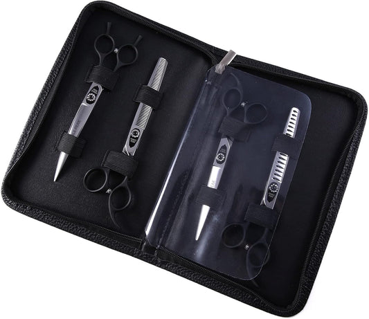 7.0'' Professional Dog Grooming Scissors Set with Black Non-Slip Handle 440C Stainless Steel Straight Thinning Curved Chunker Shears 4pcs Set for Pet Grooming Services