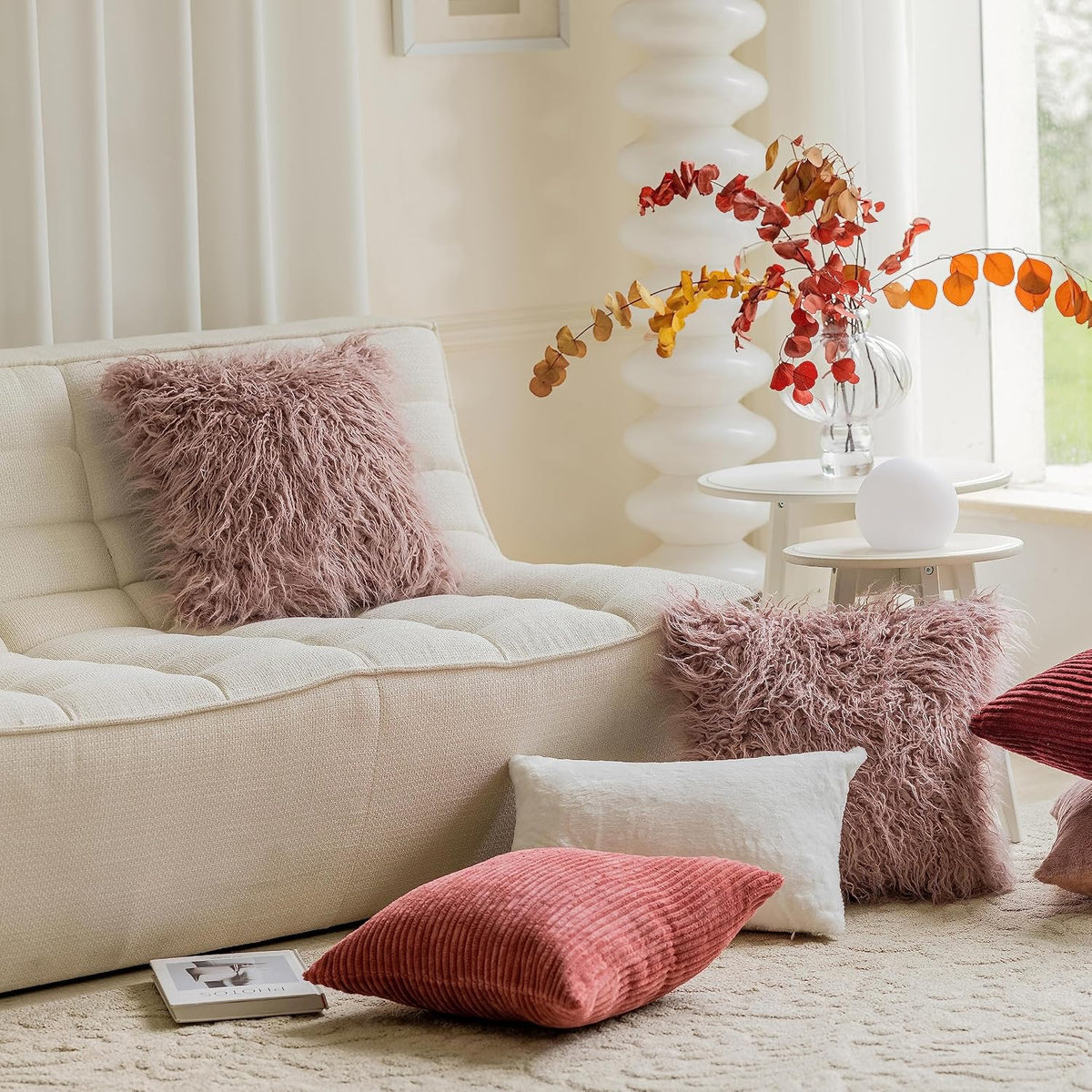 Dusty Rose Pillow Covers 18x18 Pillows Fluffy Fuzzy Fur Pillow Covers Set of 2 Shaggy Cushion Cover 18 x 18 inch, Dusty Pink