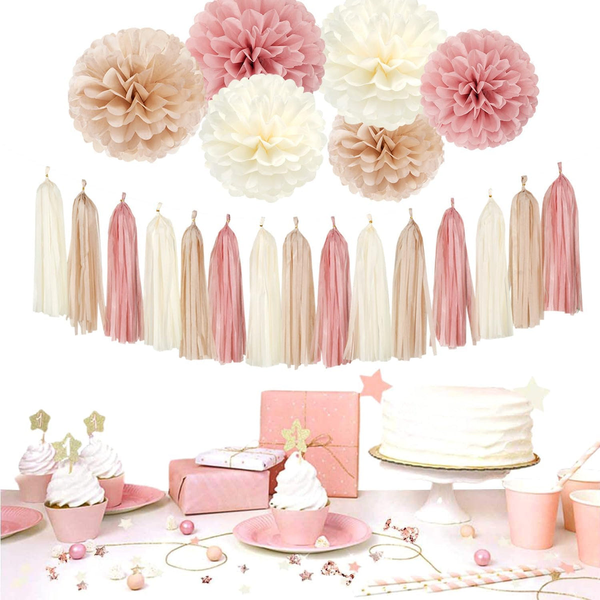 Pink Champagne-Peach Rose-Gold Boho Party Decorations - 23pcs Women Girls Birthday Tissue Pom Poms Streamers,Baby Bridal Shower Tassel Garland Banner,Rustic Wedding Graduation Decor Backdrop