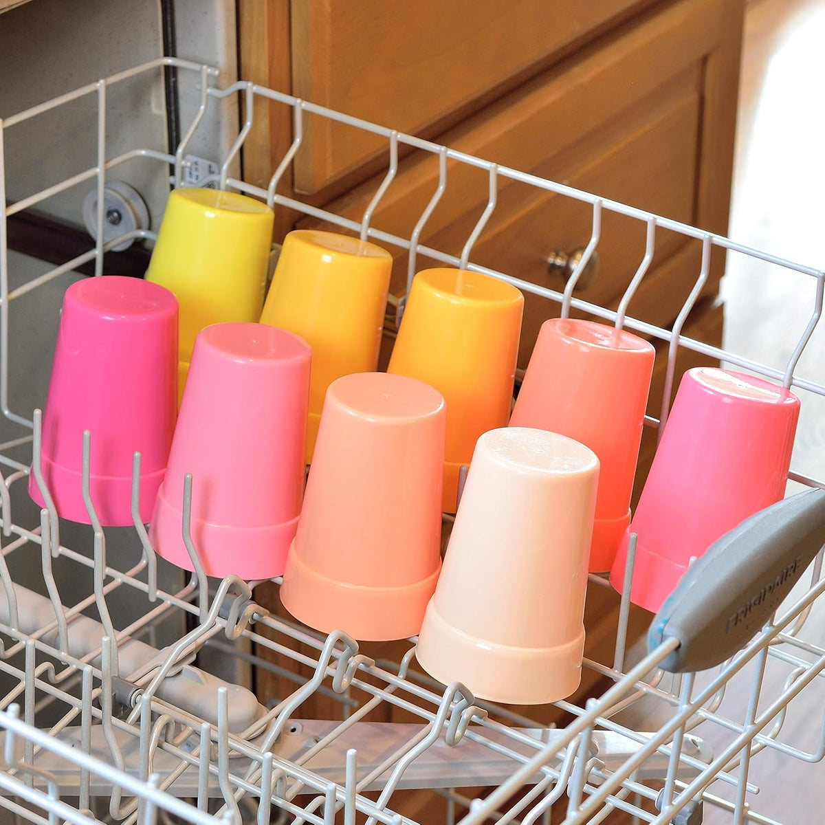 18 Pack 12 Ounce Plastic Kids Juice Tumblers, Unbreakable Drinking Glasses, Plastic Cups, Reusable | Stackable | NO BPA | Top-rack Dishwasher Safe (Peach Colors)
