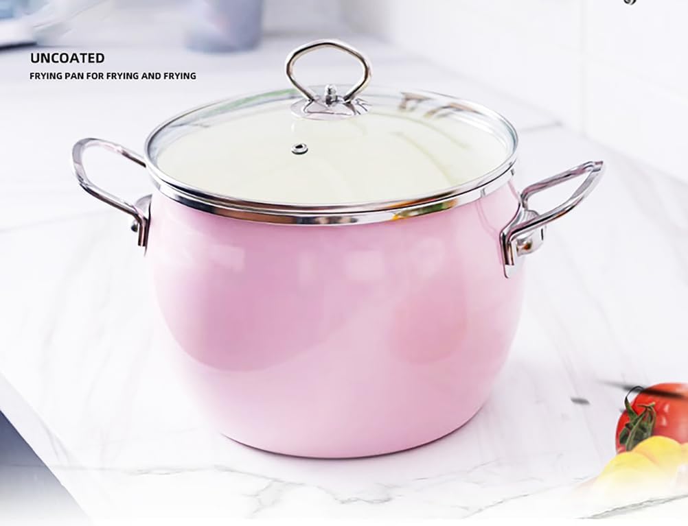 Kitchen Enamel Stockpot with Lid Soup Pot Nonstick Enamel on Steel Stock Pot Enamelware Cooking Pot Large Simmer Pot with Handle for Induction Cookers And Stove,Pink