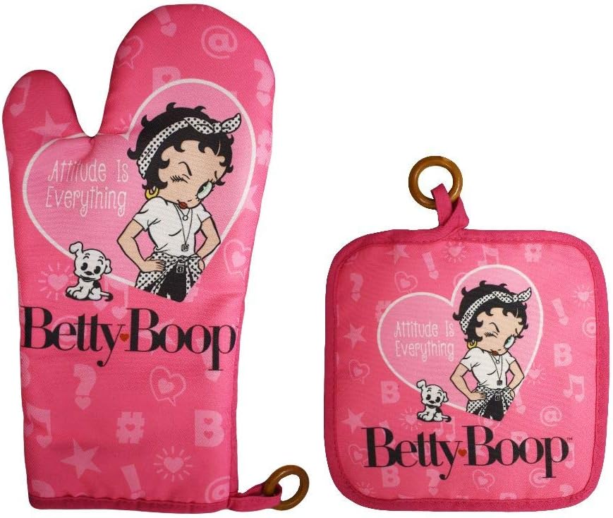 Betty Boop Oven Mitt & Pot Holder Set – “Attitude is Everything” Pink Kitchen Set – Officially Licensed Retro Cookware