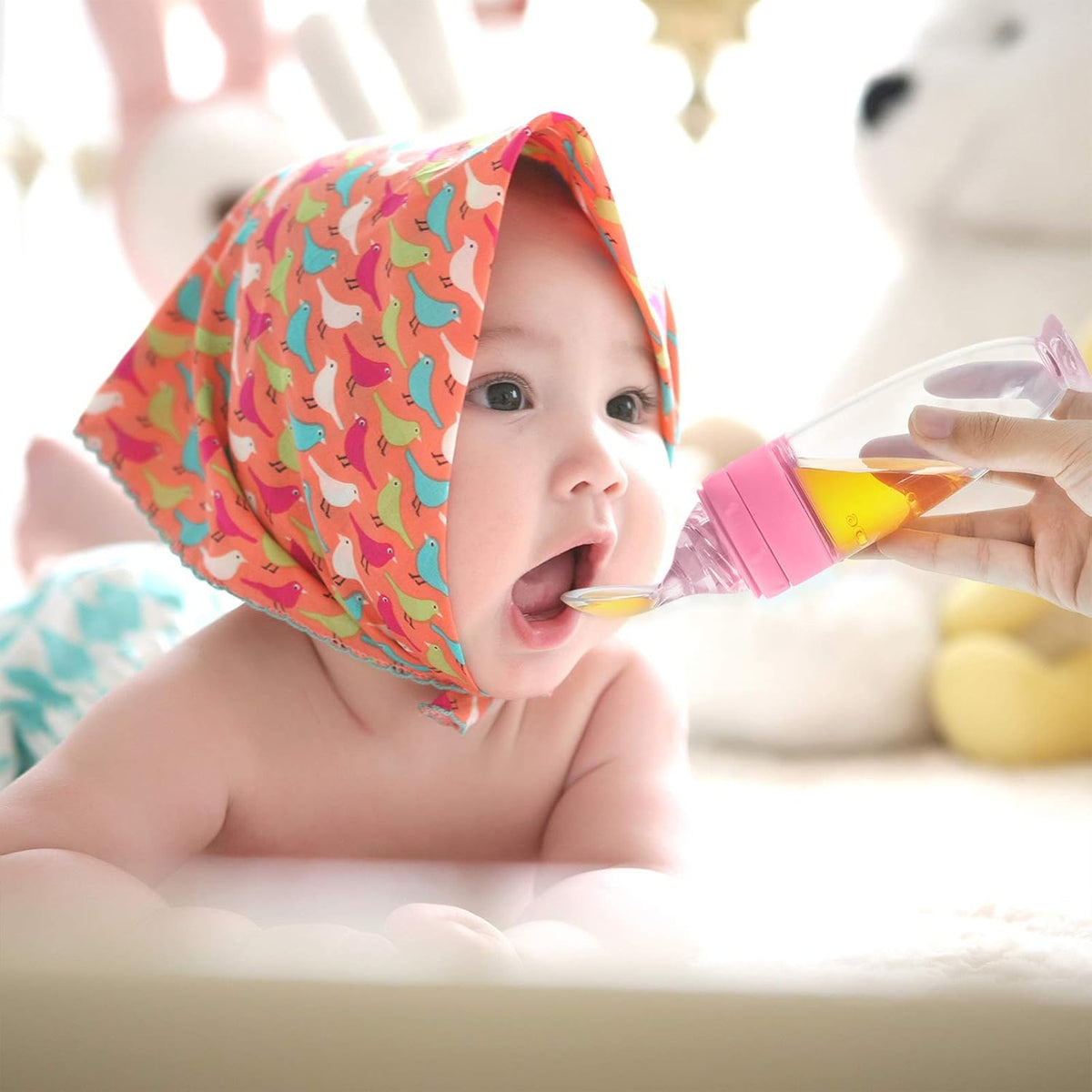 2 Pcs Baby Spoon with Bottle Squeeze Feeder Silicone Infant,Pink