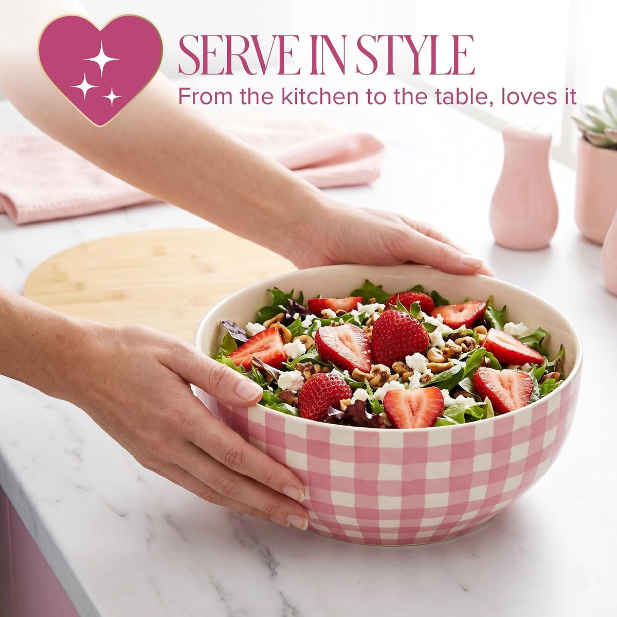 Paris Hilton Serving Bowl with Bamboo Lid, Stoneware Salad Bowl with Pink Gingham Print Exterior, Lid Doubles as Cutting Board, 10-Cup, Pink