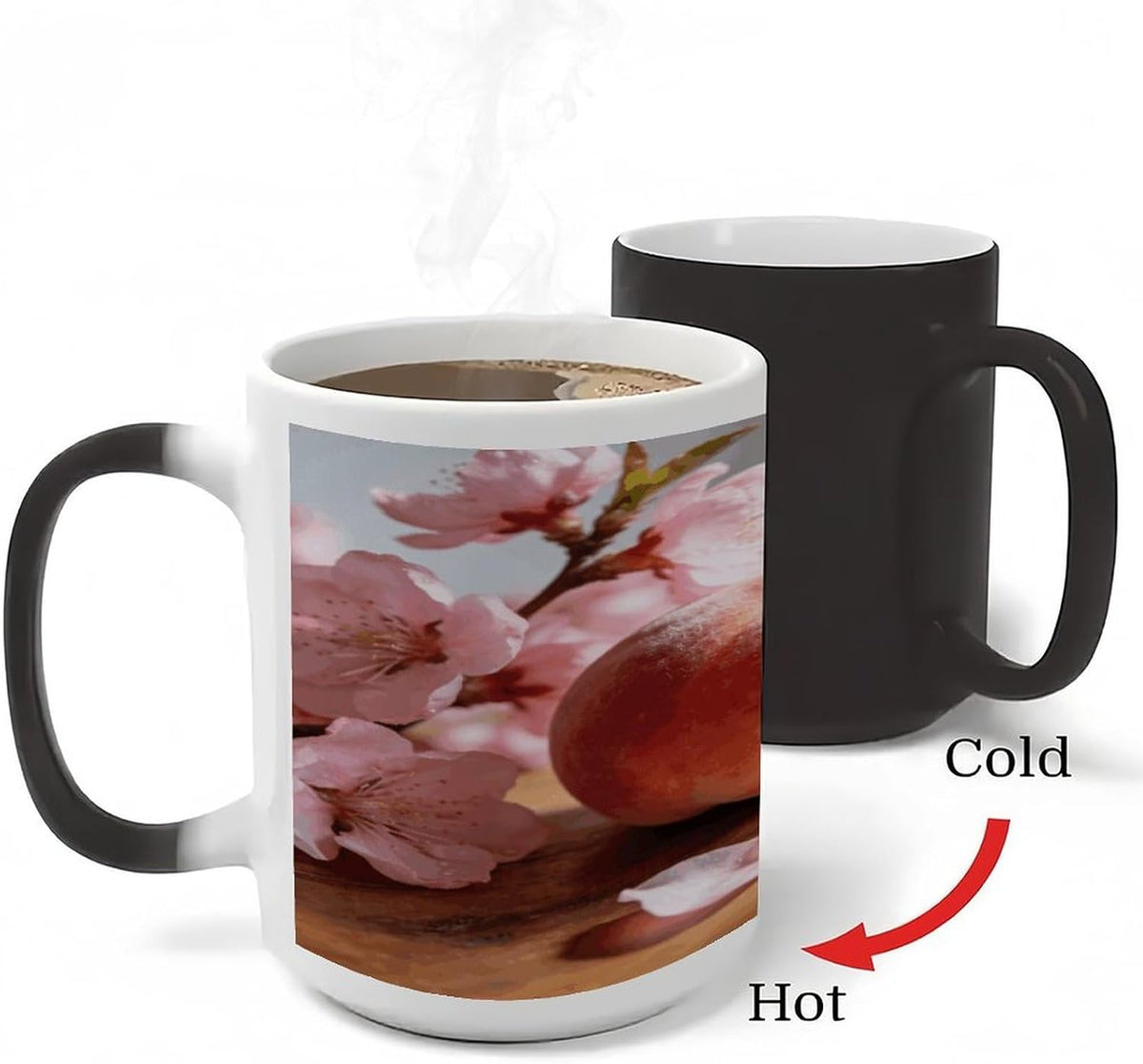 Peach And Flower Color Changing Mugs Heat Sensitive Coffee Mug 11 Oz Novelty Ceramic Cup with Handle Magic Cups Temperature Changing Coffee Tumblers for Women Men Funny Gifts