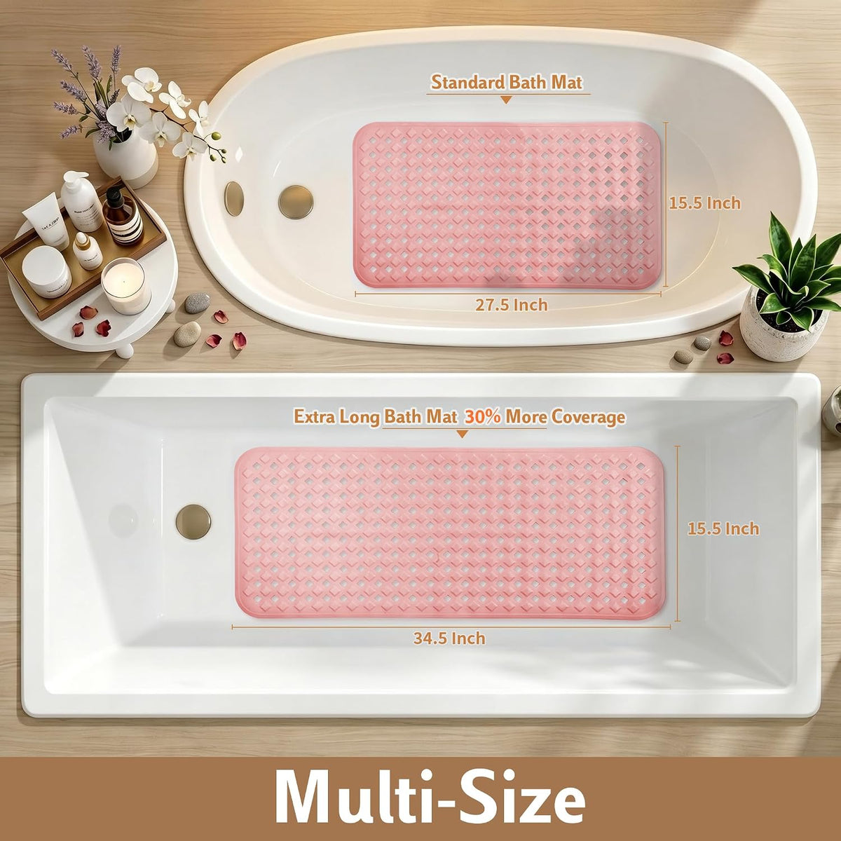 Bathtub Mat Non Slip, Super Strong Suction Cups, 28"X16" Long Shower Mat with Drain Holes, Machine Washable Fast Draining Bath Mats, Bathroom Essentials,Pink