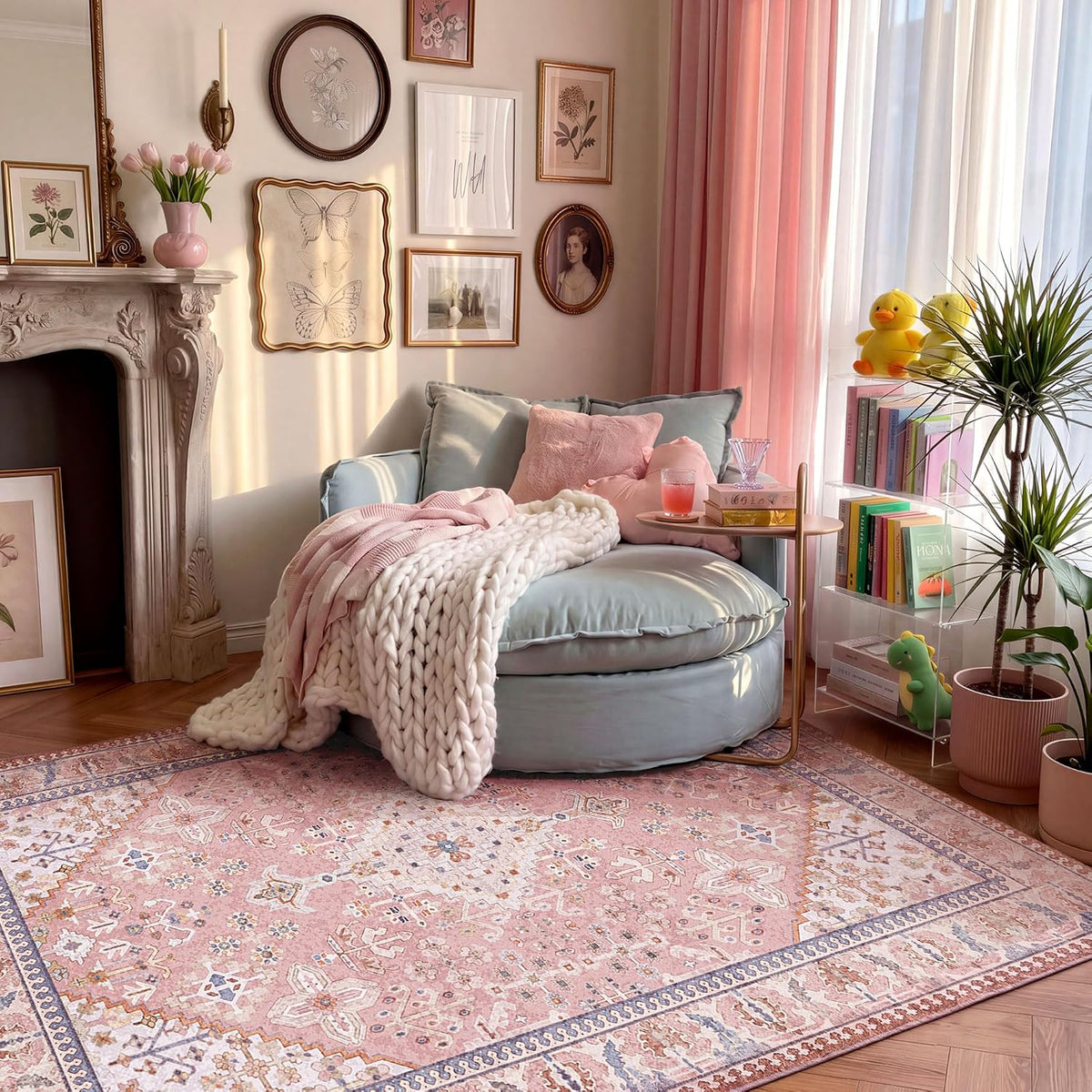8x10 Boho Machine Washable Low Pile Area Rugs for Living Room Peach Pink