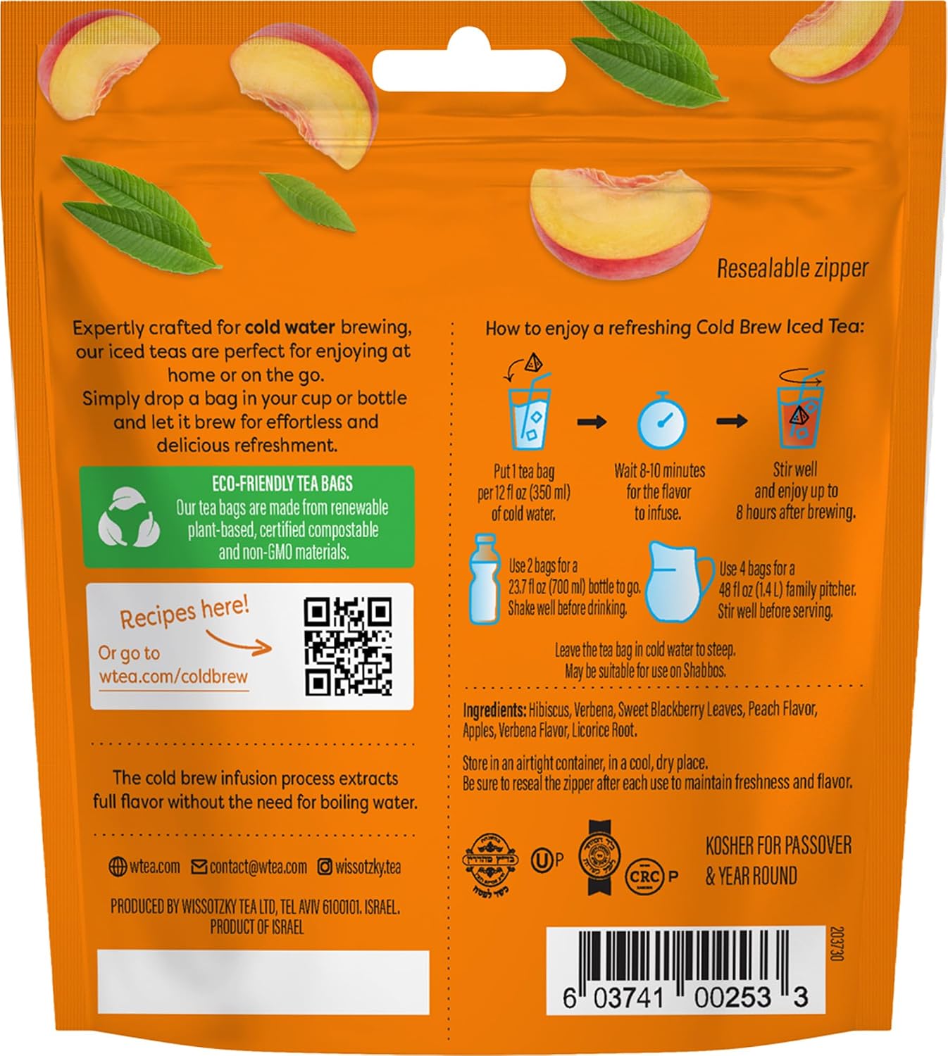 Peach Verbana Cold Breeze, Cold Brew Iced Tea (18 Tea Bags) | Caffeine-Free | Herbal Tea | Kosher | Cold Water Brewing