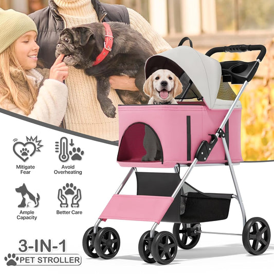 3 in 1 Foldable Pet Stroller for Small & Medium Dogs, Detachable Carrier, Car Seat, Push Button Entry, 4-Wheel Jogger for Pets up to 33 lbs, Pink