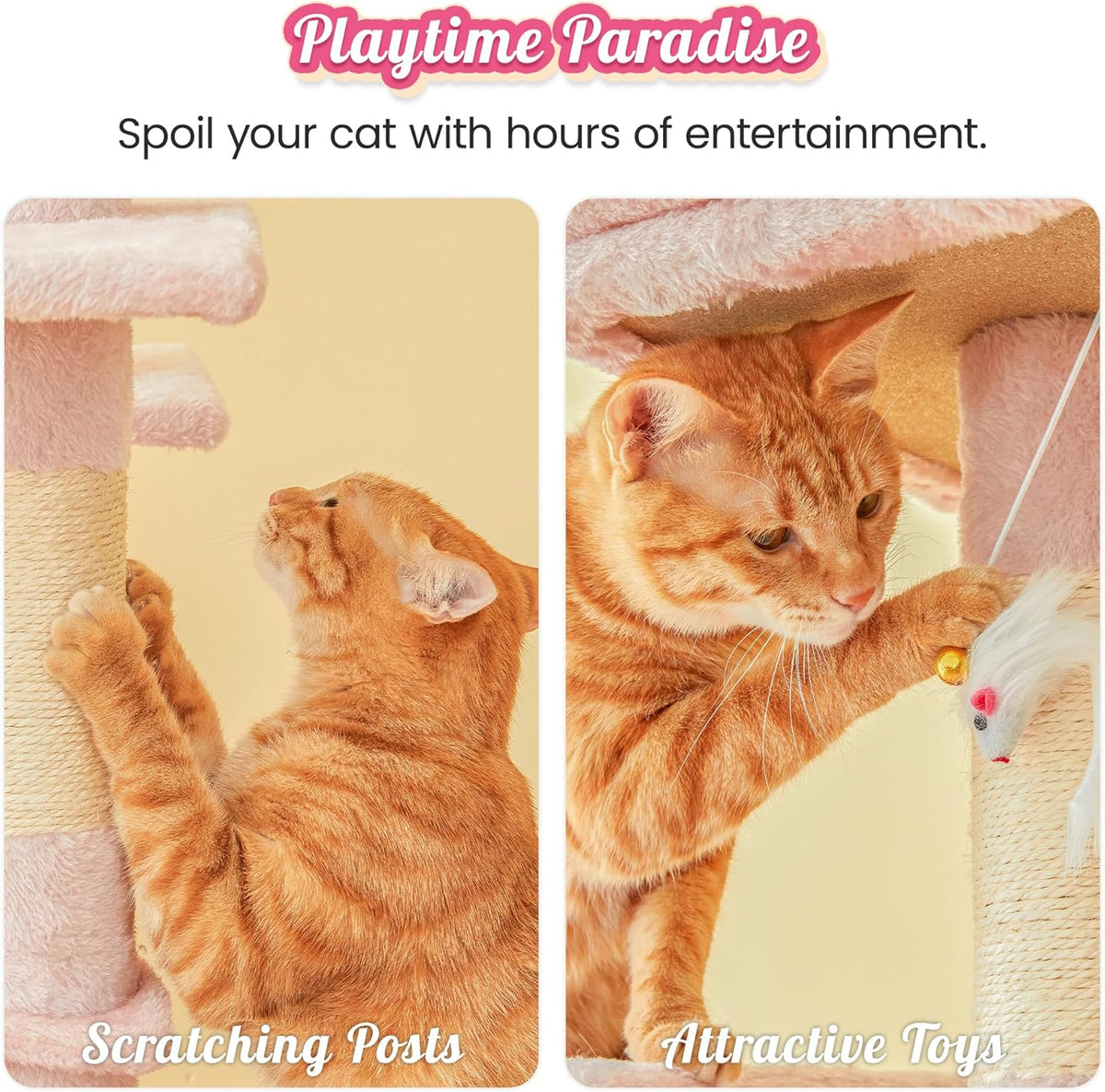 63.8-Inch Pink Cat Tree for Indoor Cats, Multi-Level Cat Tower with Sisal-Covered Scratching Posts, Padded Platform, Hammock, Dangling Toys, Stable Cat Condo Pet Play House