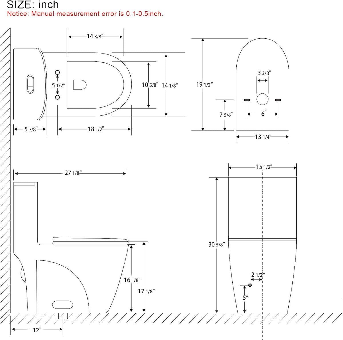 Elongated One Piece Toilet, Dual Flush 1.1/1.6 GPF Soft Close Seat