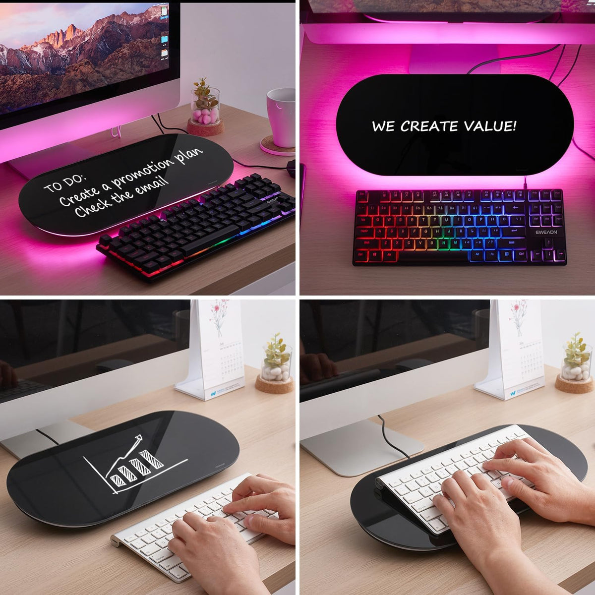 TSJ OFFICE Glass Desktop Whiteboard - 17 X 7 Inches Black Board Pink Light
