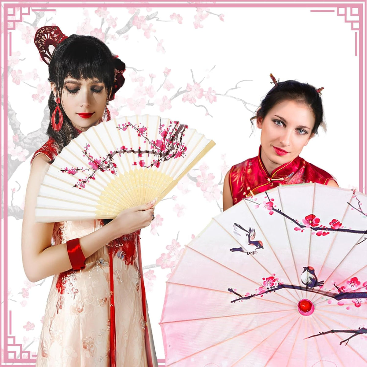 2 Pcs Cherry Blossom Decor Set Blue Floral Umbrella Fan,Pink Flower
