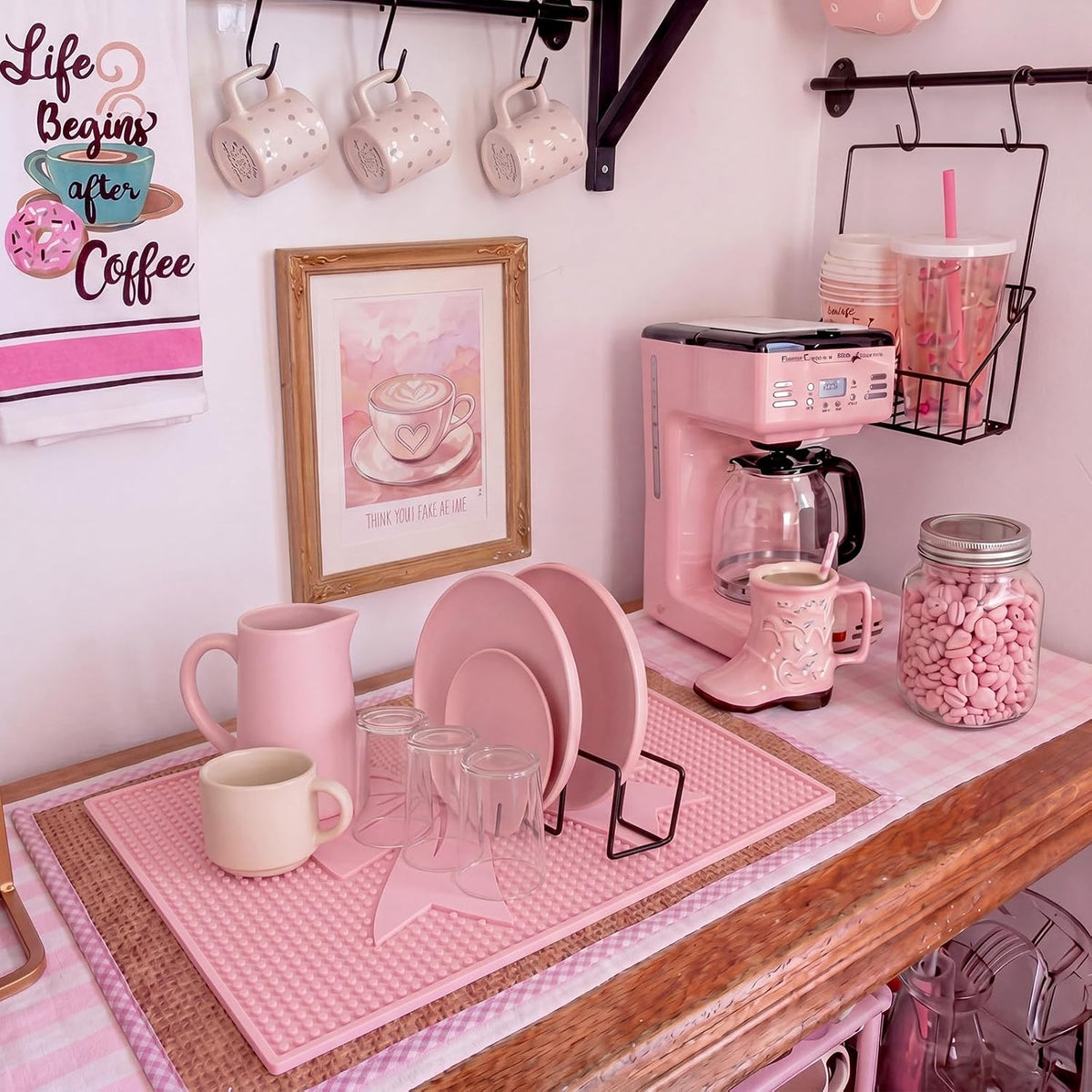 Pink Bow Silicone Coffee Bar Mat 18"X12" Cute Bow Kitchen Mats for Countertop Pink Coffee Bar Accessories Non-Slip Bartender & Spill Decorative Drying Drip Pad for Kitchen