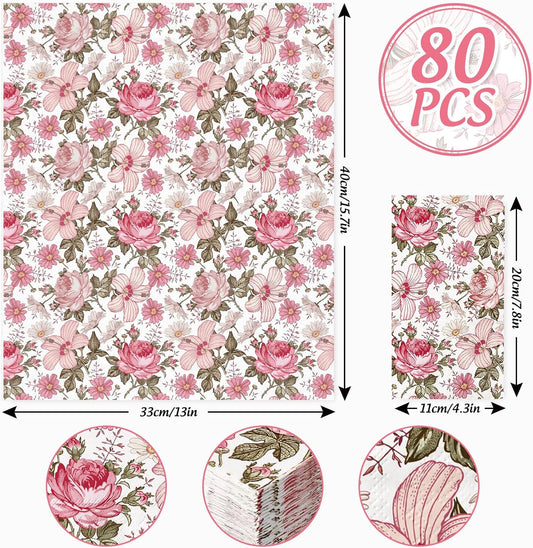 80Pcs Vintage Floral Guest Napkins Pink Boho Floral Disposable Paper Napkins Retro Flower Dinner Hand Towels for Party Supplies Table Decorations