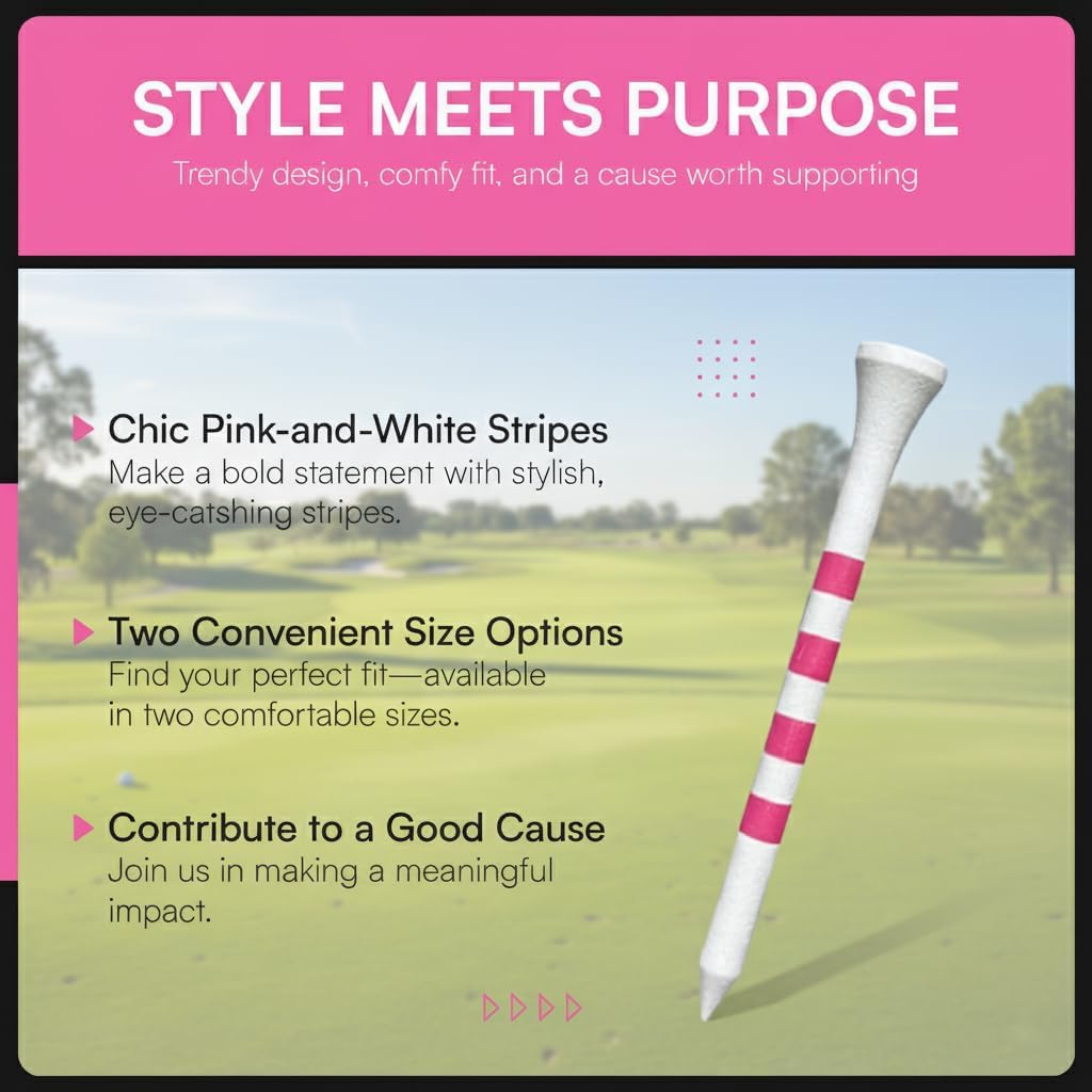 Bamboo Golf Tees Supporting Breast Cancer Research | Profit Donation | Two Size Options (2 3/4" & 3 1/4") | Striped Pink and White | Biodegradable & Eco-Friendly