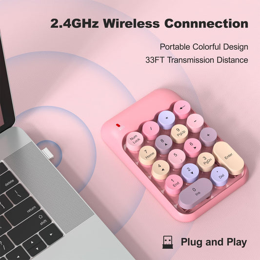 Wireless Number Pads - Pink Numeric Keypad 18 Keys USB 2.4G Round Keycap Colorful Extensions Keypads, Financial Accounting Portable Numpad 10 Key for Laptop/PC/Notebook/Surface Pro