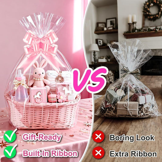 Cellophane Bags for Gift Baskets, 24x30 in, 10 Pack, Pink Bows