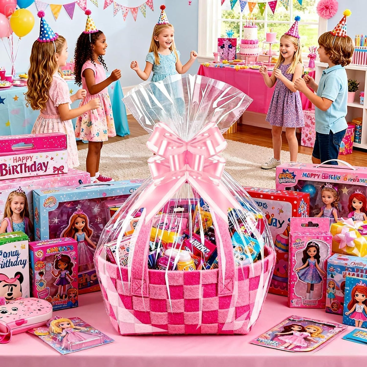 Cellophane Bags for Gift Baskets, 24x30 in, 10 Pack, Pink Bows
