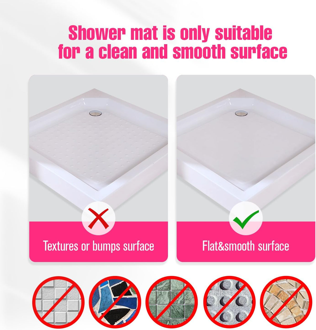 Shower Mat Non-Slip Bath Mat for Tub and Shower Stall,236 Suction Cups with Drain Holes, Quick Dry Machine Washable, Extra Grip for Stand Up Showers, Bathroom Essentials 24x24 Inch (Pink)