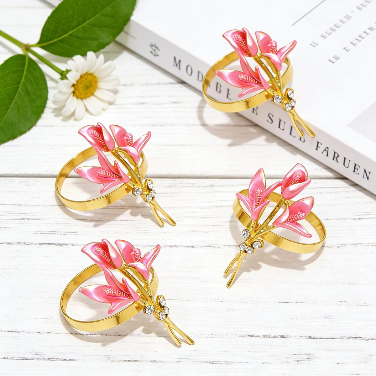 Lily Flower Napkin Rings Set of 6 Pink Enamel & Rhinsetone Floral Napkin Holder for Holiday Gatherings Garden Wedding Party Decor,Elegant Dining Table Setting for Rustic Farmhouse Daily