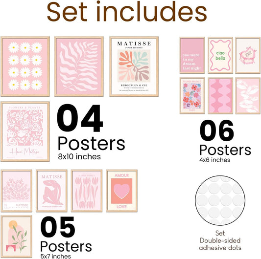 15 Pcs Pink Wall Decor Aesthetic Pictures, Abstract Danish Pastel Prins, Matisse Wall Art Pink Posters for Room Aesthetic, Light Pink Dorm Wall Decor for College Girls Bedroom (8x10 Unframed)