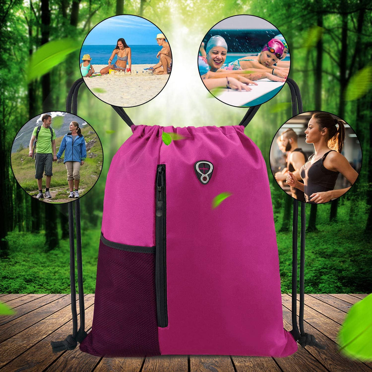 Pink Cinch Sack Drawstring Backpack For Women With Water Bottle Pocket &Two Zippered Pocket Large Sports Gym Sackpack For Traveling Yoga Beach Outdoor