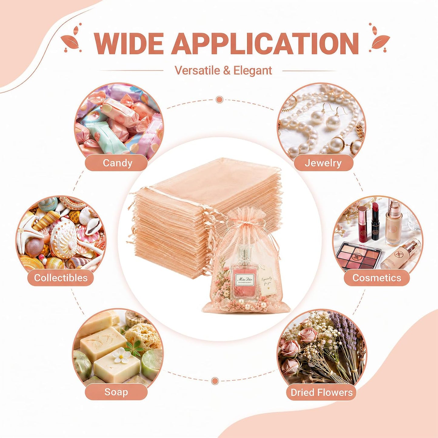 100PCS Peach Champagne Sheer Organza Bags for Candy 4"x6" | Little Mesh Gift Bags with Drawstring, Small Jewelry Bags Party Favors, Mini Drawstring Pouch for Wedding Favors, Holidays