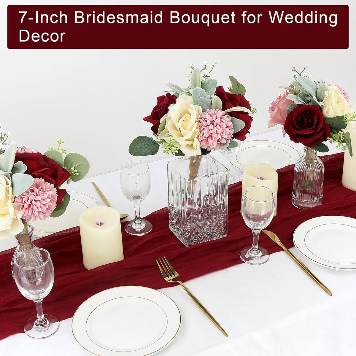 Set of 6 Artificial Bridesmaids Bouquets for Wedding -7 Inch Bridesmaid Bouquet Blush & Burgundy Silk Rose Pre-made Small Wedding Flowers for Bridal Shower Centerpieces Ceremony & Anniversary