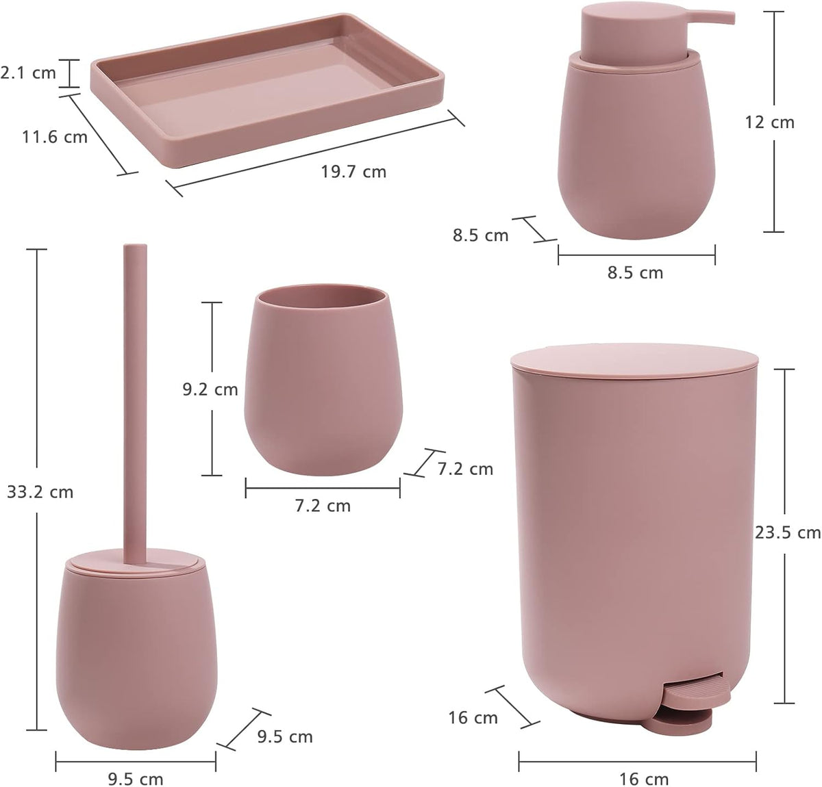 Pink Bathroom Accessories Set with Small Trash Can 3 Liter/0.8 Gallon,Toothbrush Holder,Soap Dispenser,Vanity Tray,Toilet Brush and Holder Pink 5PCS
