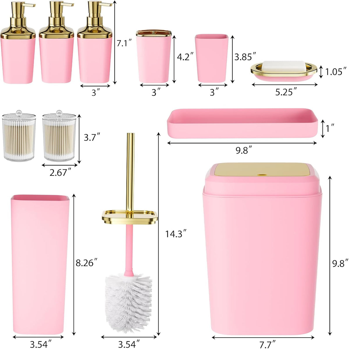 Bathroom Set - 11PC Bathroom Accessory Set, Bathroom Accessories Set, Pink Bathroom Set, Push-lid Trash Can, 3PC Soap Dispensers, Toilet Brush & Q-tip Holders