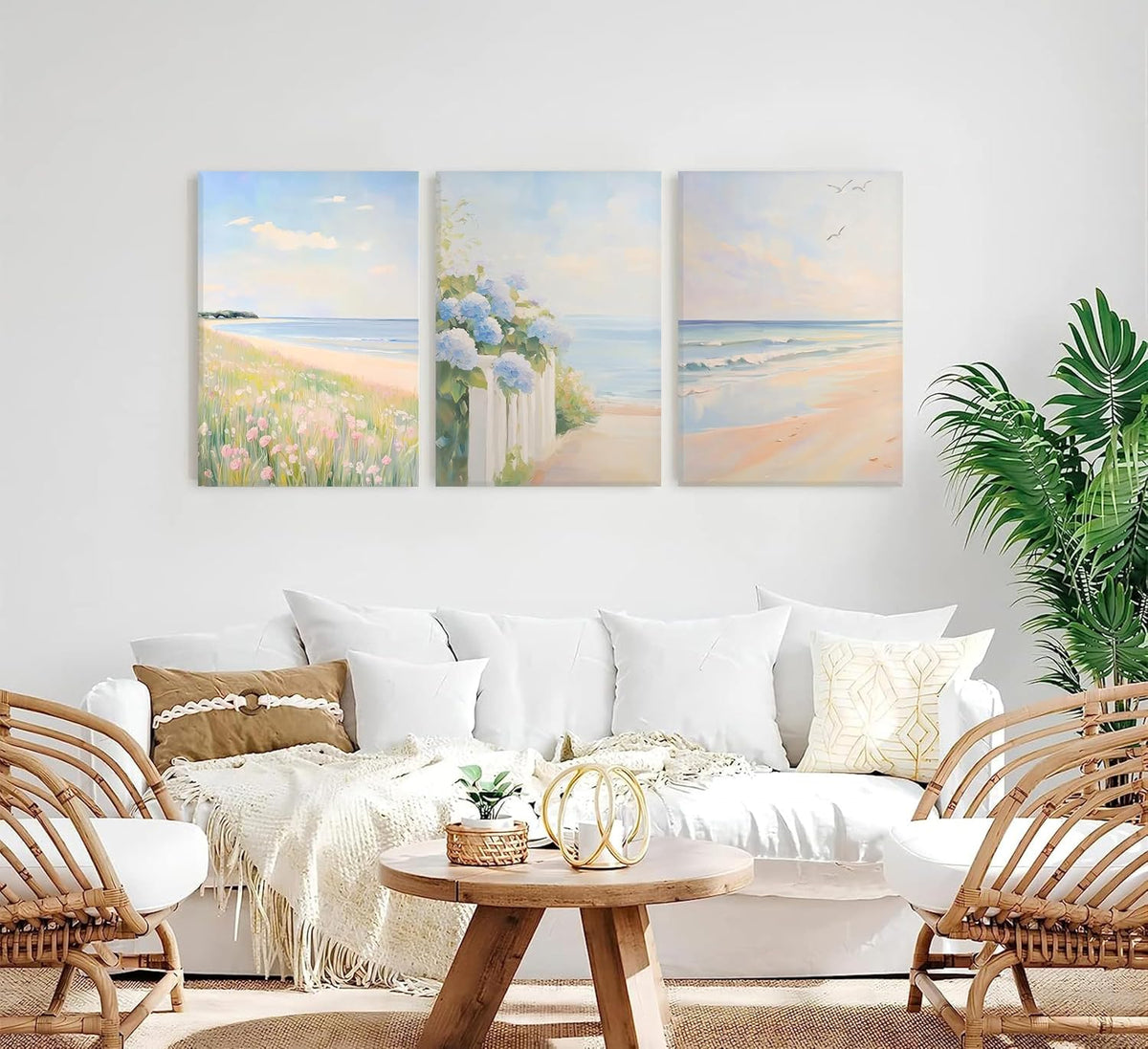 3Pcs Pastel Coastal Wall Art Pink Beach & Blue Hydrangea Pictures Wall Decor Ocean Wildflowers Posters Summer Beachy Preppy Painting Print Artwork for Beach House Bedroom Dorm Apartment, Framed