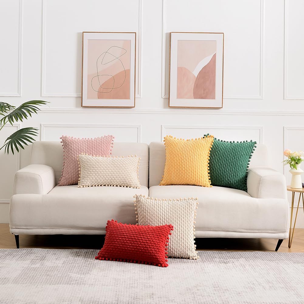 2 Packs Dusty Pink Decorative Throw Pillow Covers 18x18 Inch with Pom-poms for Couch Bedroom Living Room, Farmhouse Boho Home Decor, Soft Cute Plush Corduroy Blush Cushion Case 45x45 cm