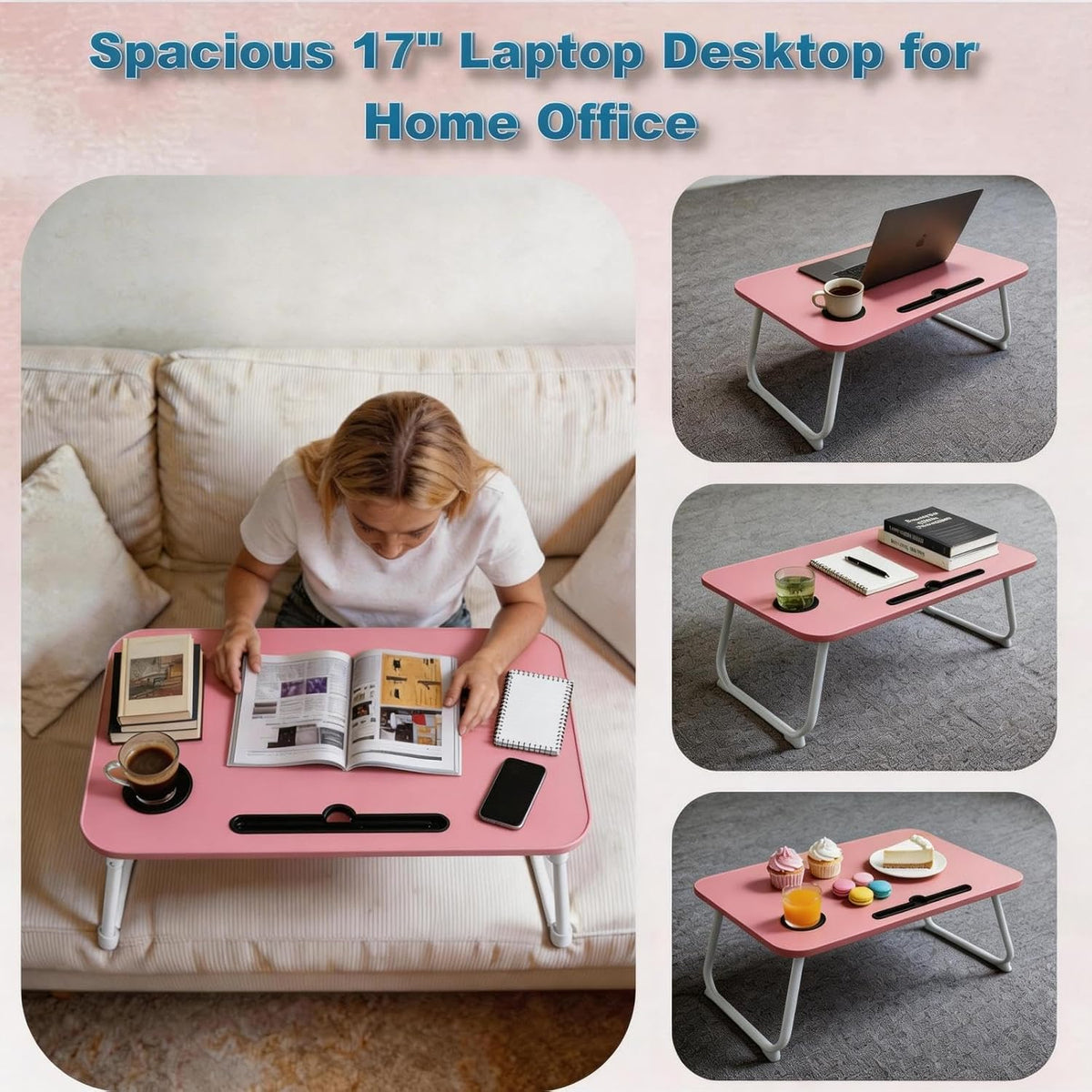 27.6" Home Office Folding Lap Desk with Drawer, Tablet Slot, Cup Holder - Fits up to 18 Inch Laptops, Bed Desk for Reading, Writing, Eating, Portable Laptop Table for Sofa, Coach, Floor (Pink)
