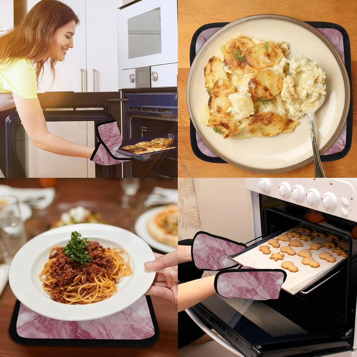 2 Pcs Square Pot Holders for Kitchen with Pockets, Light Pink Abstract Marble Hot Handle Holders for Pots and Pans, Kitchen Hot Pad Oven Mitts for Baking Cooking, 8.5" X 10"