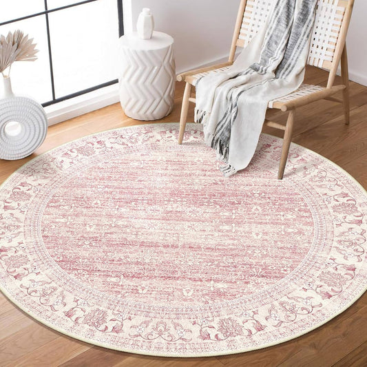 Pink Round Rug 4ft, Washable Boho Area Rug for Bedroom Living Room