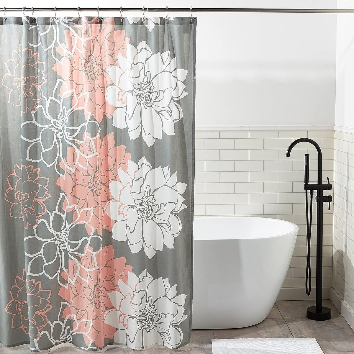 Cotton Casual Floral Shower Curtain, 72"x72", Grey/Peach