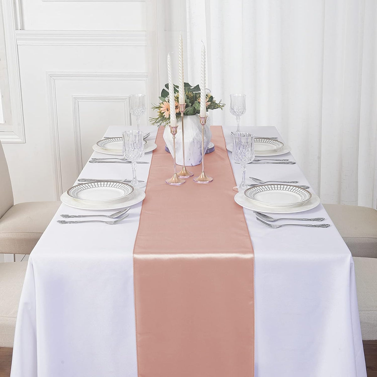 6Pack Table Runner 12 x 108 Inches Satin Silk Table Runner for Wedding, Birthday Party, Banquets, Graduations Decoration, fit Rectange and Round Table-Rose Gold