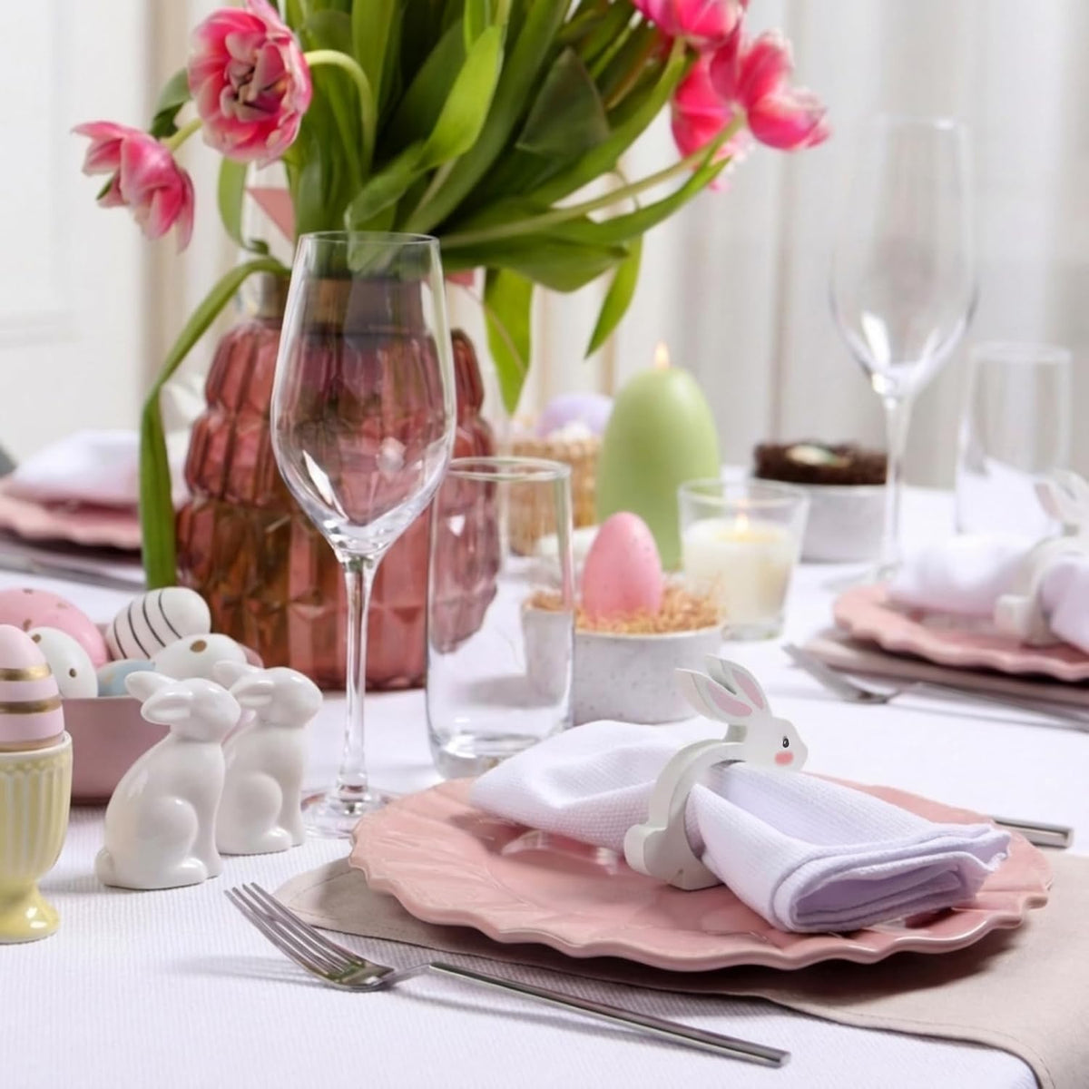 12 Pcs Pink White Easter Bunny Napkin Rings Wooden Bunnys Napkin Rings Handmade Rabbit Dinner Paper Holders for Easter Spring Party Banquet Dinning Table Decoration (Bunny Ear)