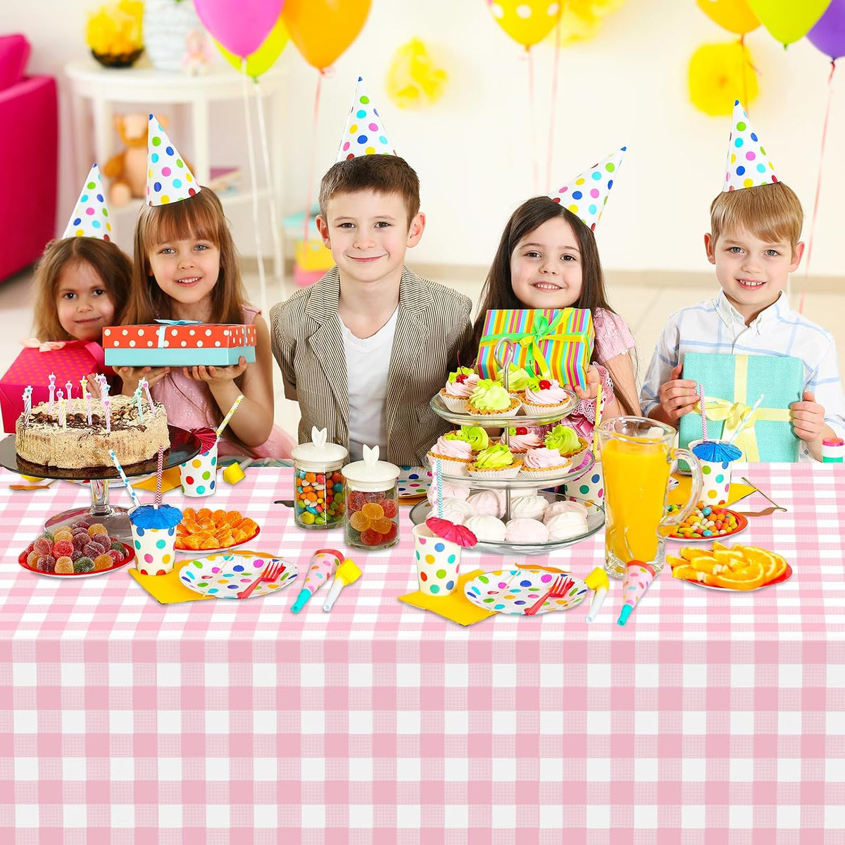 2 Pcs Pink Gingham Tablecloth, Disposable Plastic Pink Checkered Table Cloth, Pink & White Plaid Table Cover for Outdoor Picnic, Wedding, Baby & Bridal Shower, Birthday Party (54 x 108 Inch)